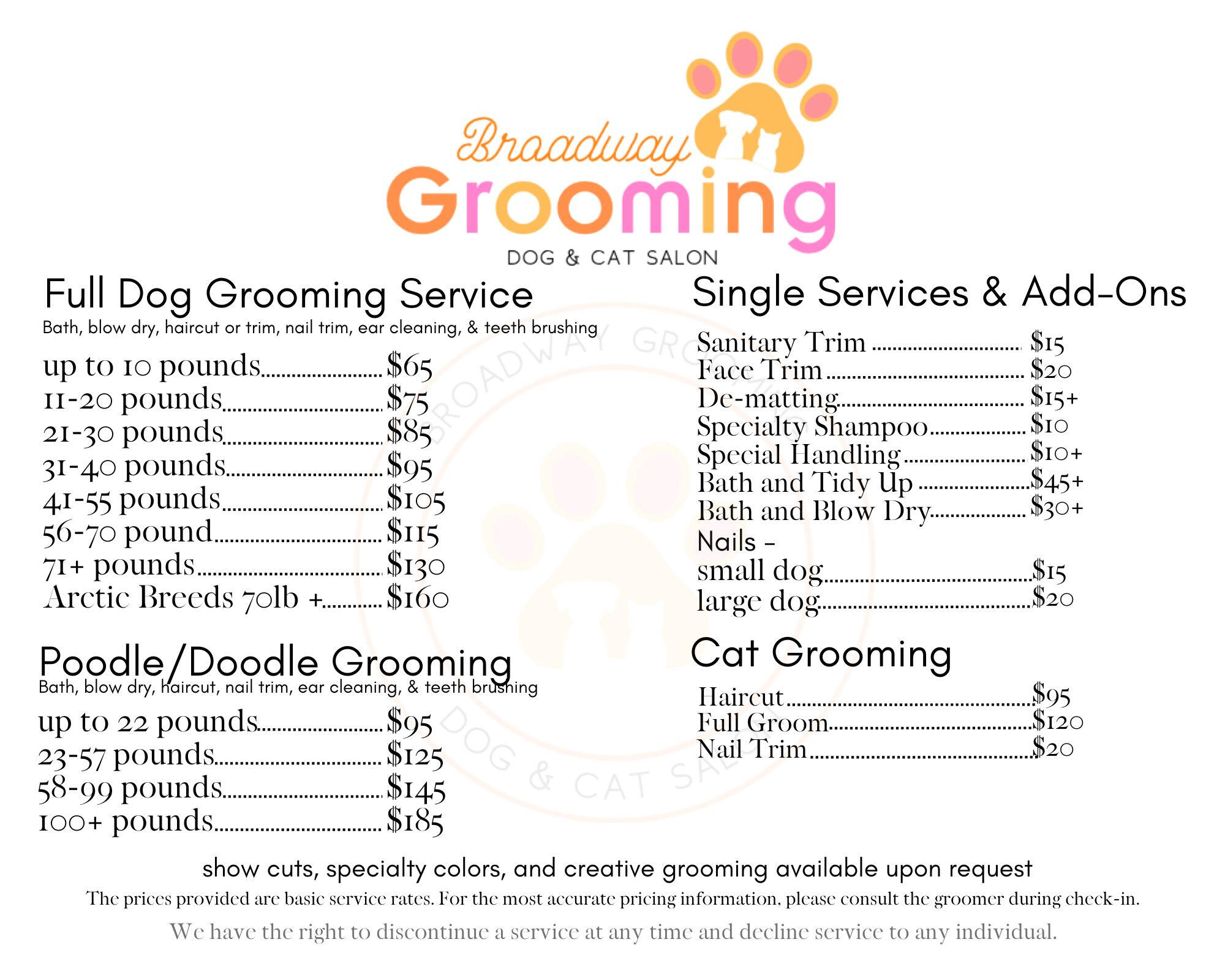 Broadway Grooming full grooming service menu and prices.